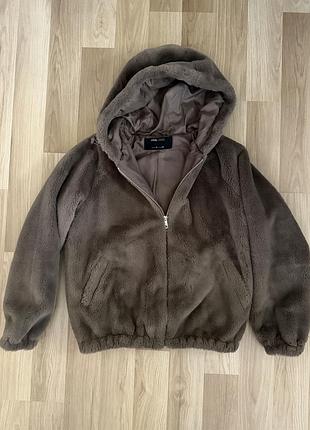 Жіноча шуба zara з капюшоном, коричнева