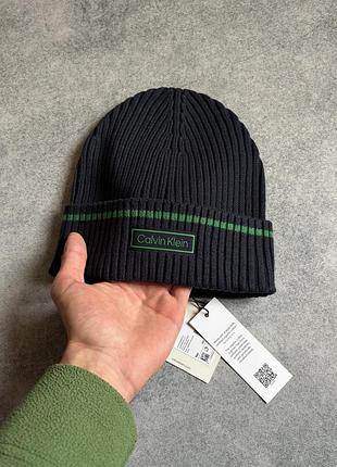 Calvin klein patch rib beanie оригінал нова чоловіча шапка біні тепла зимня зимова на зиму зима з кашеміром бавовняна фірмова брендова келвін кляйн 4