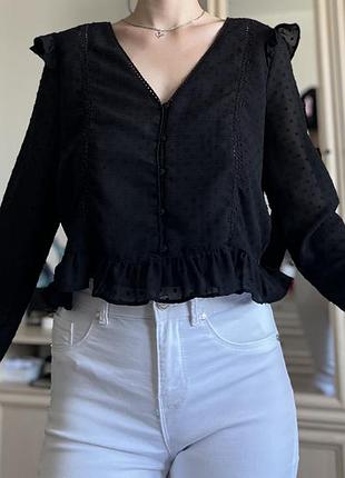 Блуза жіноча zara чорна з баскою та рюшами
