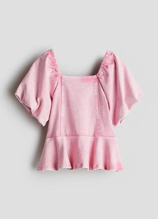 Джинсовий рожевий топ з баскою h&m (зріст 134-140 см, 8-10 років) топік блуза з рукавами-ліхтариками