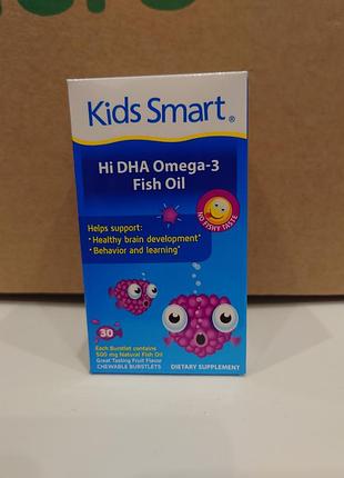 Kids smart, hi dha-omega 3 fish oil, рыбий жир с высоким содержанием дгк и омега 3, со вкусом фруктов, 30 желеек
