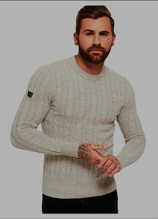 Стильный мужской свитер superdry в косы / вязаный джемпер с шерстью /