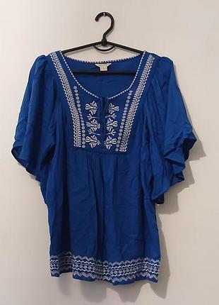 Ярко-синяя блуза вышиванка monsoon из вискозы, размер eur 40 (l)