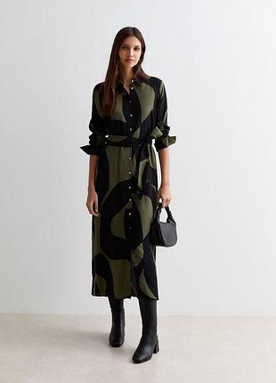 Віскозна міді сукня сорочка new look green wave print belted midi shirt dress