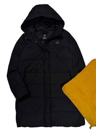 Adidas чорна жіноча стьобана подовжена куртка пуховик з капюшоном пух / перо оригінал