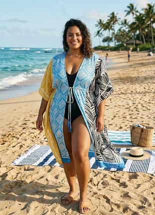 Жіноче пляжне парео, накидкa plus size,пляжну туніку кімоно трансформований парео-саронг із комбінованим яскравим принтом