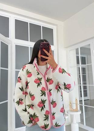 Накладной платеж ❤ турецкий оверсайз тепла кофта зип с высоким воротом на двойной молнии флисовая флисовая флиска в принт розы