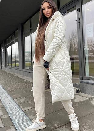До -20°❄ зимняя стеганая утепленная силиконом длинная куртка пальто с капишоном под пояс на кнопках