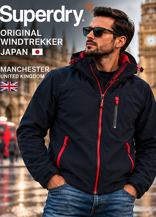 Чоловіча куртка superdry original windtrekker japan m 48 — брендова вітровка з капюшоном, темно-синя з червоними акцентами