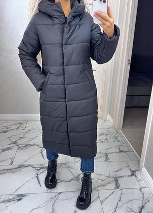 До -25 ❄ зимняя матовая теплая стеганая длинная куртка пальто миди утеплена силиконом с капишоном высоким воротом