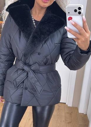 До -20❄ зимняя теплая стеганая куртка утеплена силиконом под пояс с меховым воротником под норку