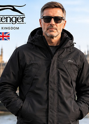 Мужская зимняя куртка slazenger - черная, теплая флисовая подкладка, капюшон, британский бренд, размер 46 (s)