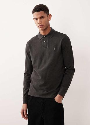 Сорочка-поло з піке та логотипом polo ralph lauren з довгими рукавами, темно-сірого кольору