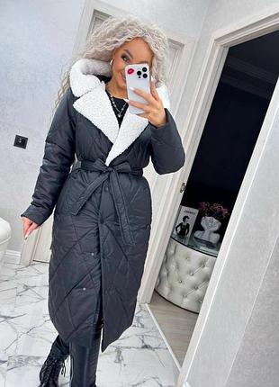 До -20 ❄ зимова тепла стьобана довга куртка пальто з коміром хутровим капішоном під пояс