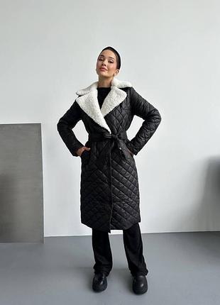 До -15° ❄ зимова тепла стьобана довга куртка пальто з коміром хутровим тедді під пояс