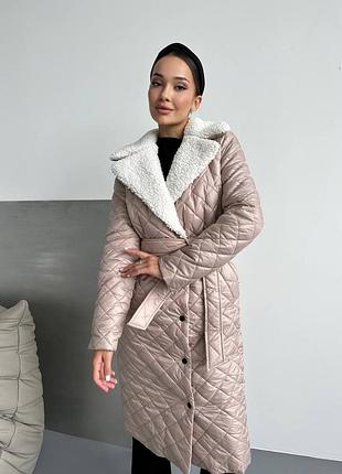 До -15° ❄ зимняя теплая стеганая длинная куртка пальто с воротником меховым тедди под пояс