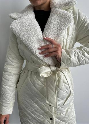 До -15° ❄ зимняя теплая стеганая длинная куртка пальто с воротником меховым тедди под пояс