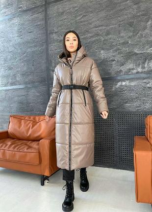 До -20° ❄ кожаная зимняя теплая стеганая куртка пальто с капишоном под пояс и высоким воротом