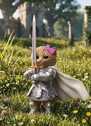 Фігурка кошеня-лицар з мечем kitten knight 12 см / настільна статуетка киця-воїн в обладунках / декоративна фігурка
