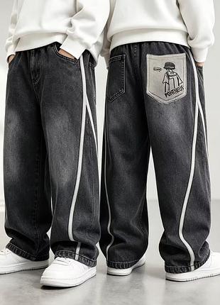 Джинсы wide leg для подростка 13 лет, 160 см, графитовые с лампасами