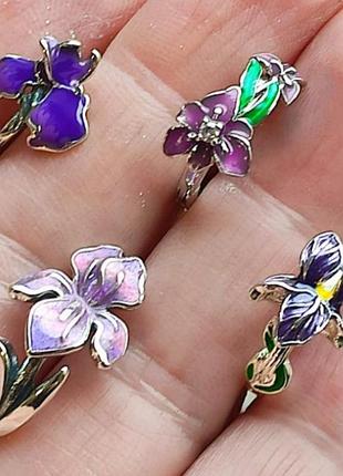 Сережки кільця з квіткою ірис,925 проба