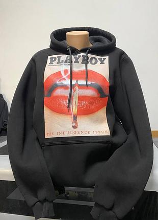 🖤 чорне худі playboy з яскравим принтом губ 💋🔥 | стильна тепла толстовка з капюшоном
