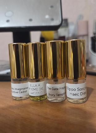 Пробники парфумів les imaginaires seductive cedrat, ella k poeme de sagano, the gate fragrances ivory temptation, filippo sorcinelli haec dies