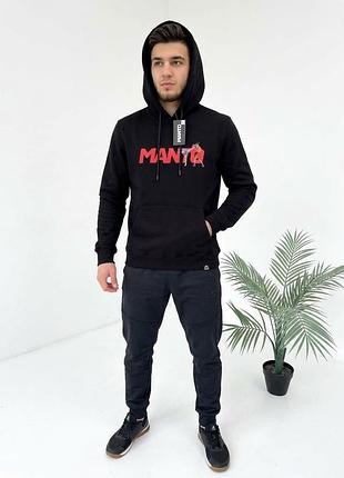 Чоловіче худі manto чорне та біле з принтом | брендова спортивна кофта з капюшоном на мікрофлісі | тепле молодіжне худі манто⁠