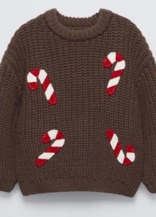 Коричневый новогодний вязаный свитер zara kids с леденцами, р. 116 5-6 лет