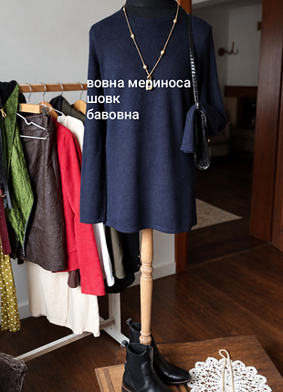 Базовий жіночий джемпер/светр/туніка з вовни мериноса та шовку в кольорі navy подовжений/м-л
