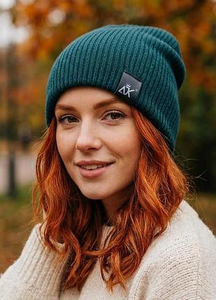 Стильная изумрудная мешочка шапка чулка 💚 унисекс