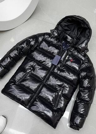 Чоловіча глянцева куртка пуховик polo ralph lauren чорна з капюшоном