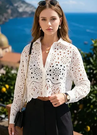 🖤укороченная белая рубашка с вышивкой прошва h&amp;m/кроп-топ блуза с английским шитьем🖤