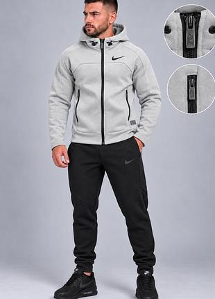 Чоловічий зимовий спортивний костюм nike tech fleece на флісі сірий бетон чорний