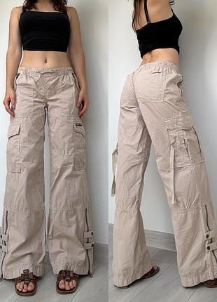 Штаны 36 s 38 m брюки бежевы средняя талия посадка широкие wide leg трубы baggy на резинке с завязками карго с карманами 2000s vintage винтаж y2k клеш