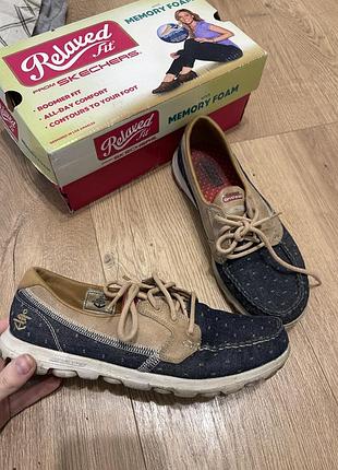 Мокасини жіночі skechers memory foam сині з бежевим, довжина устілки 25 см