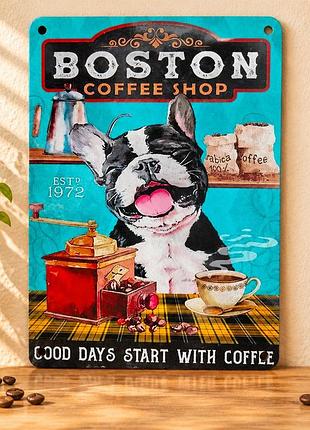Металлическая винтажная табличка бостон-терьер boston coffee shop кофе 14х20 см
