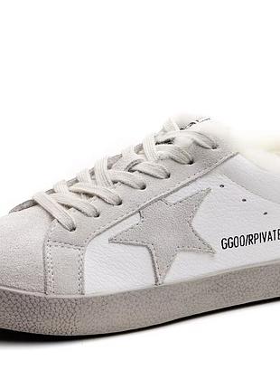 Кеди низькі golden goose утеплені біло-сірі зі штучним хутром