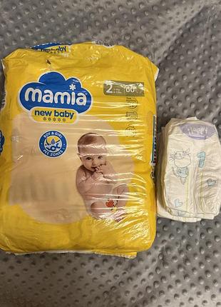 Підгузки mamia new baby розмір 2 (59 шт.) та bella happy розмір 1 (12 шт.)