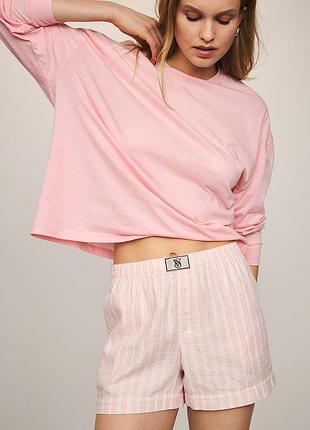 Піжама з шортами victoria's secret flannel long-sleeve short tee-jama set у рожеву смужку