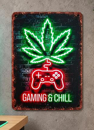Металева вінтажна табличка gaming&amp;chill неон геймпад 14х20 см