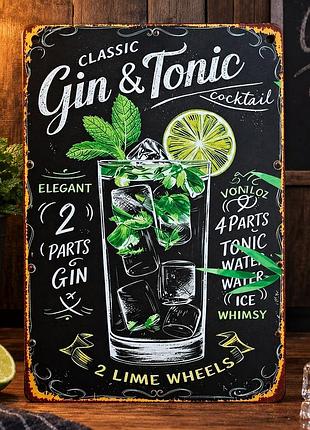 Металлическая винтажная табличка джин тоник gin & tonic рецепт коктейля 14х20 см