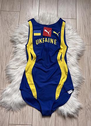 Суцільний спортивний купальник puma синьо-жовтий з написом ukfaine