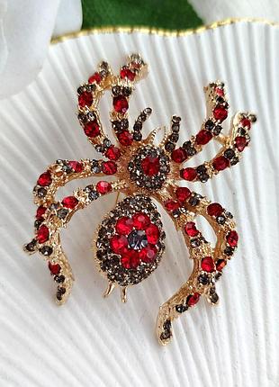 Брошка павук 🕷️ з червоними та чорними кристалами, золотой метал, стрази, велика брош комаха тварина