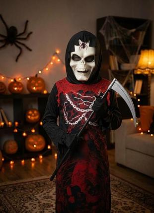 Костюм карнавальний на хелловін halloween гелловін скелет скелета смерті смерть смерти мантія балахон накидка диявола коса для хлопчика 9-10 років