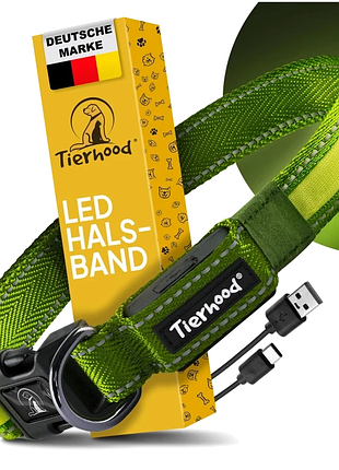 Tierhood - светодиодный ошейник для собак, зеленый, размер s, 24-40 см, usb-c, 3 режима свечения