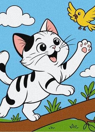 Картина по номерам для детей "котенок и желтая птичка" 25х25см