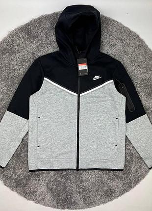 Кофта nike tech fleece (найк тек фліс), спортивна толстовка, чорно-світло-сіра, демісезонна