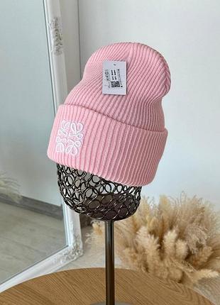 Женская шапка loewe oversize двойной вязки с подворотом розовая
