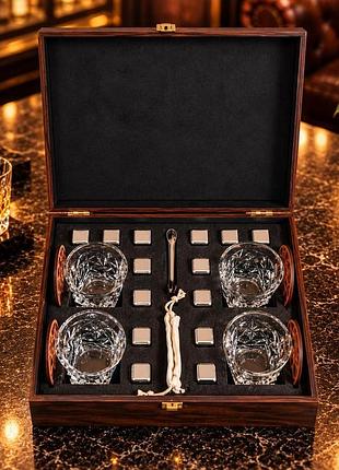 Подарочный набор для виски moltis sms-4105: 4 бокала rocks, 14 кубиков, деревянная коробка smg-4105